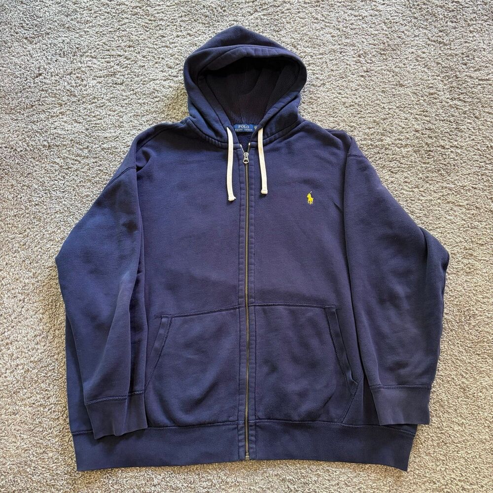 VTG Polo Ralph Lauren Pony Full Zip Hoodie Sweatshirt Waffle Fleece Lined 3XL B